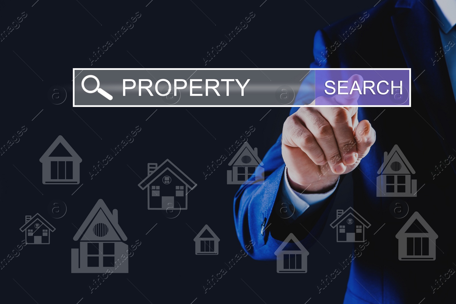 Image of Property search concept. Man using virtual screen with search bar and house illustrations, closeup