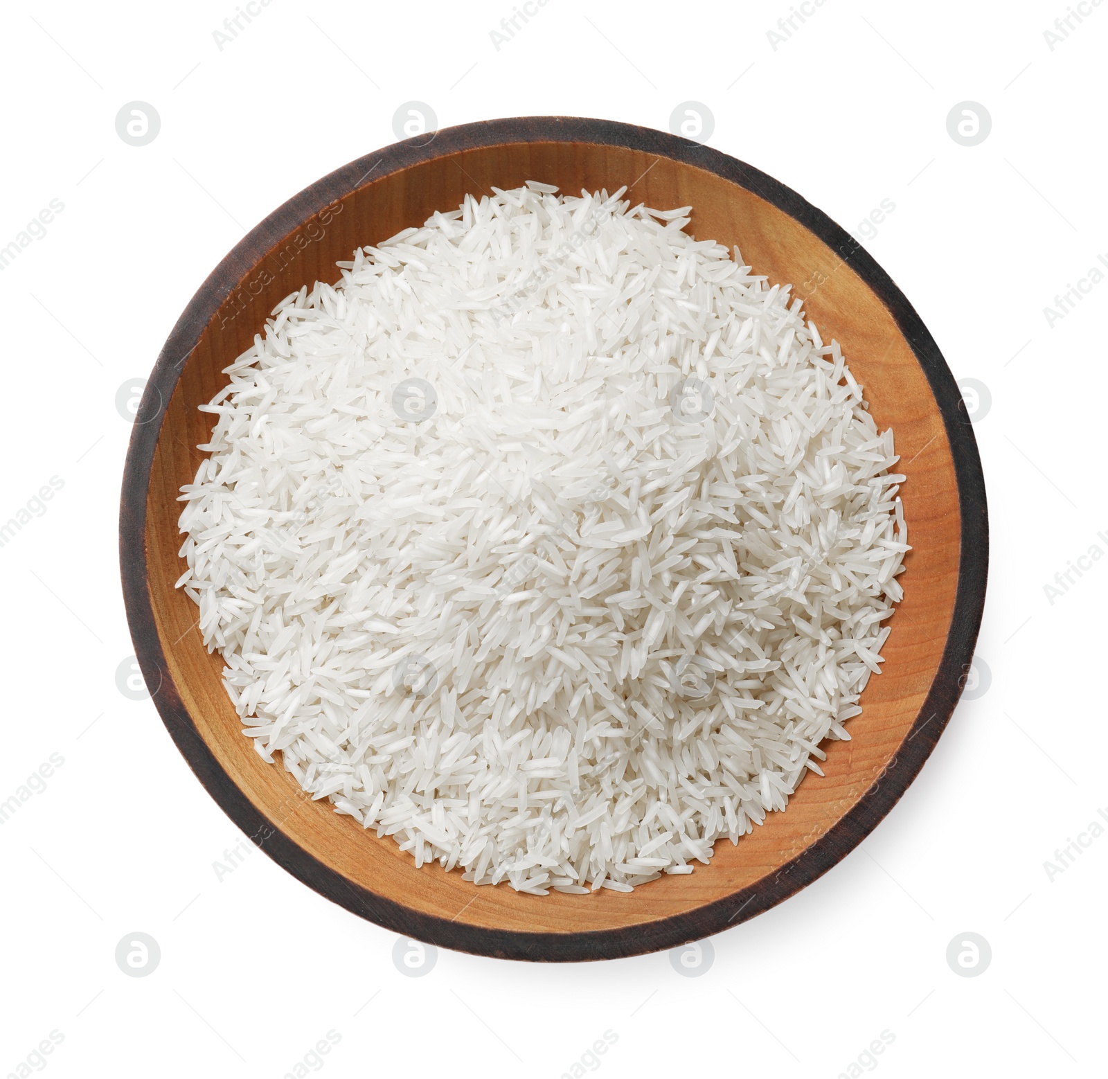 Photo of Raw basmati rice in bowl isolated on white, top view