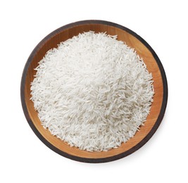 Photo of Raw basmati rice in bowl isolated on white, top view