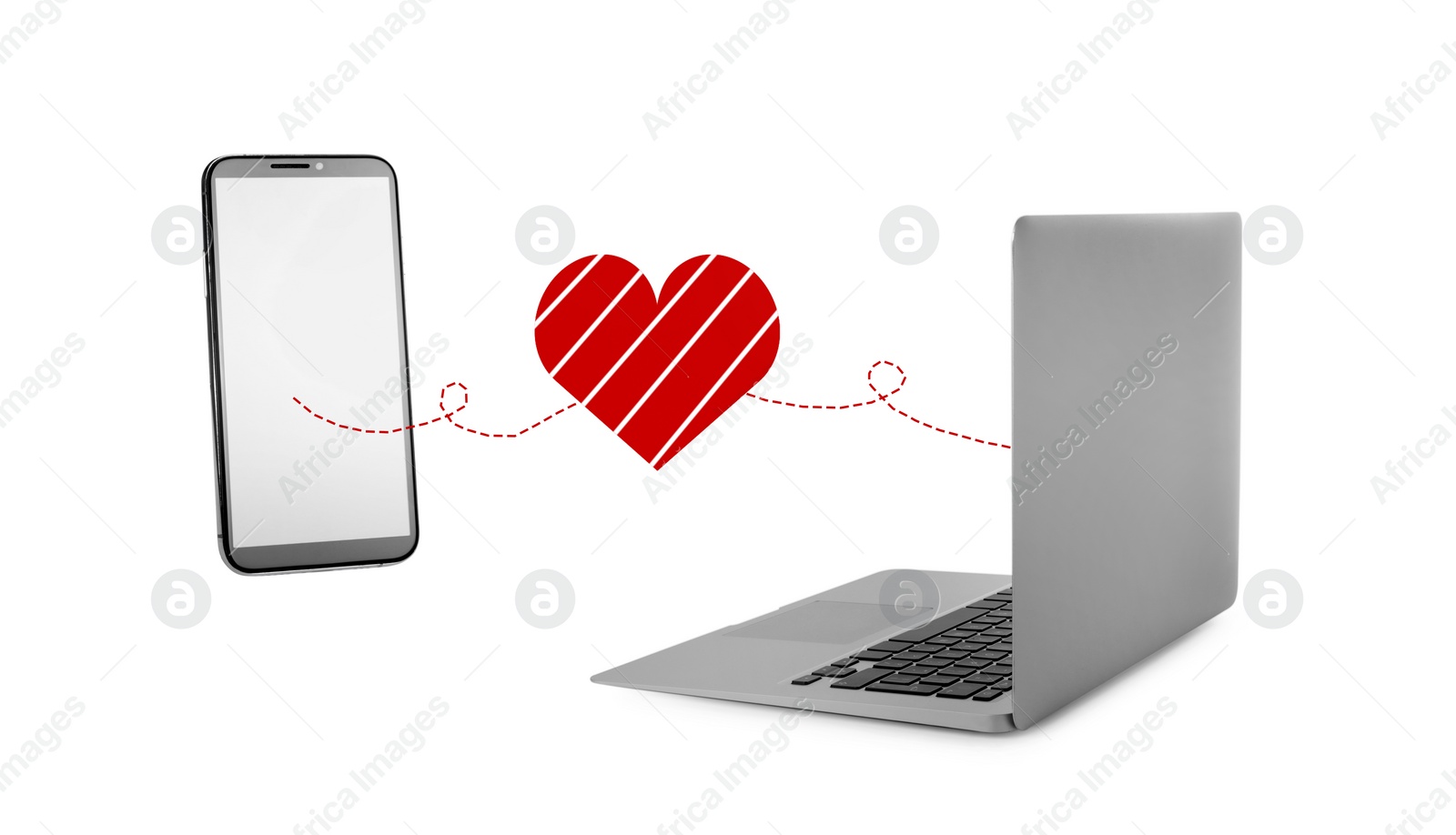 Image of Love in long distance relationship. Many line with heart between laptop and mobile phone on white background