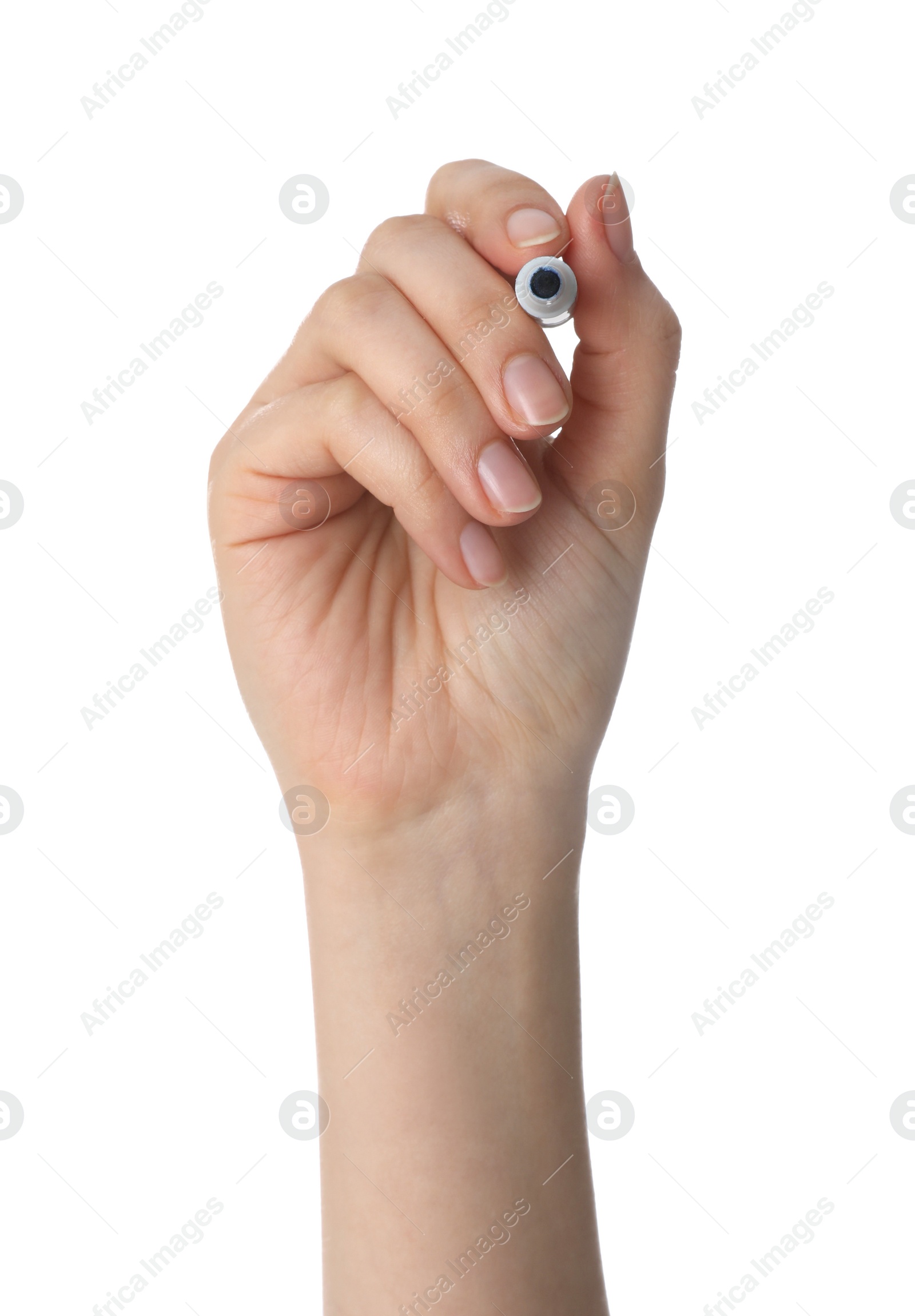 Photo of Woman holding color marker on white background, closeup