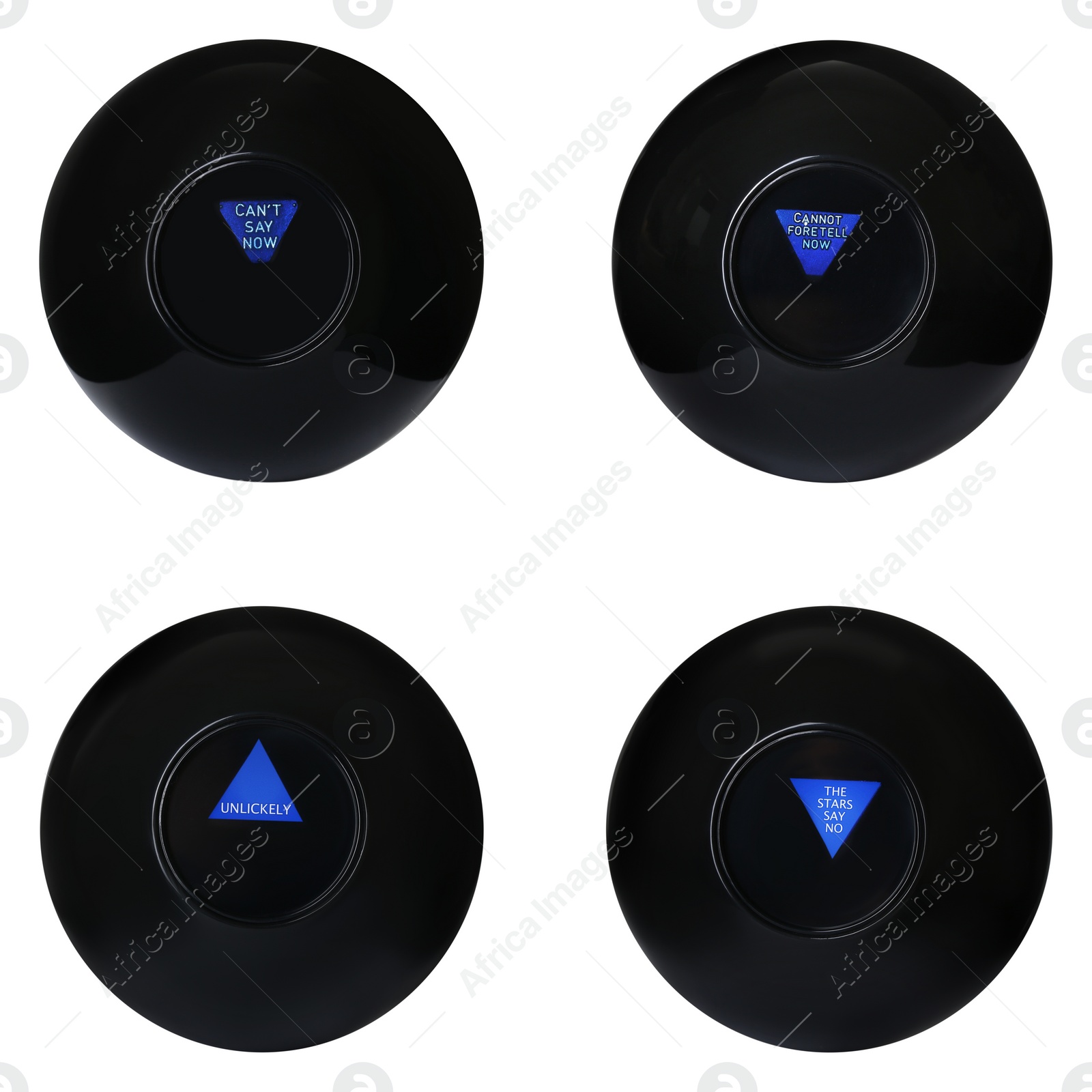 Image of Magic eight ball with different predictions isolated on white, collection