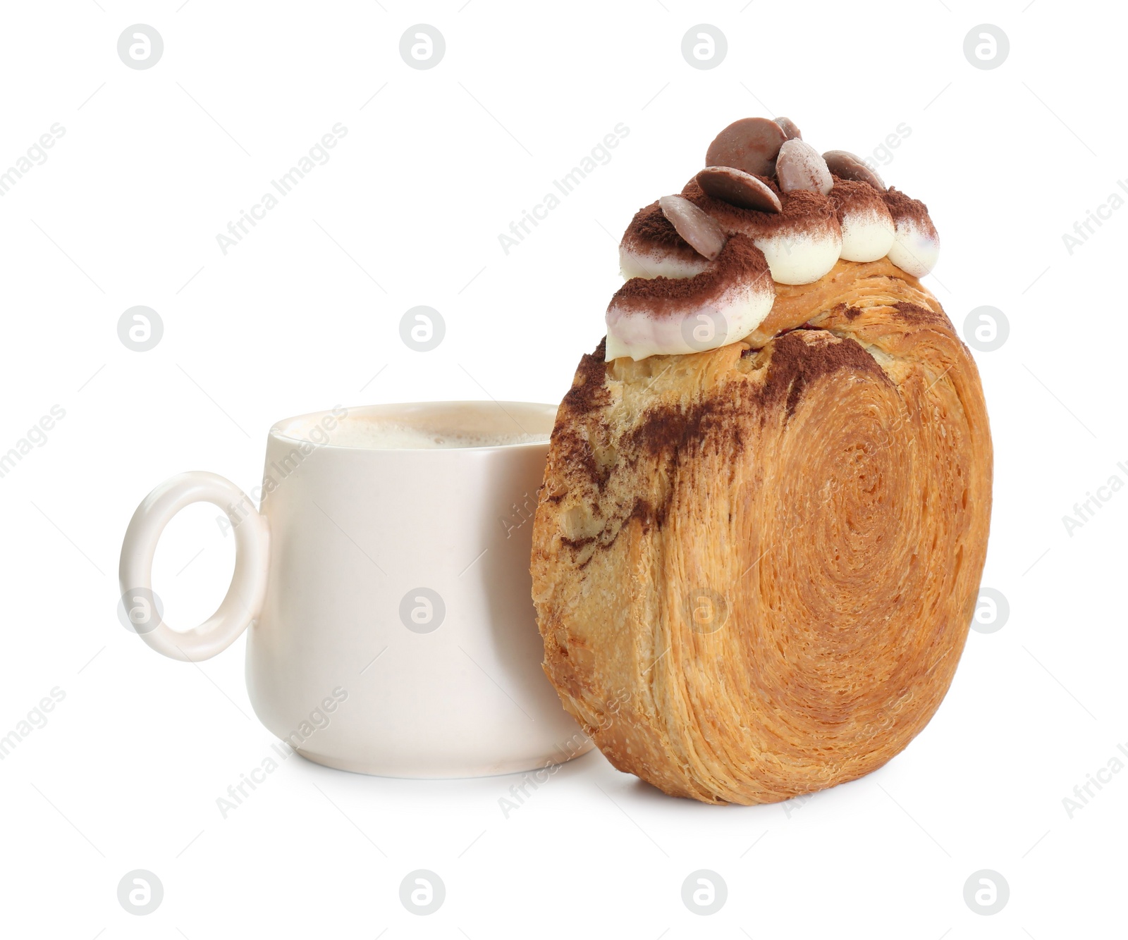 Photo of Round croissant with chocolate chips and cup of drink isolated on white. Tasty puff pastry