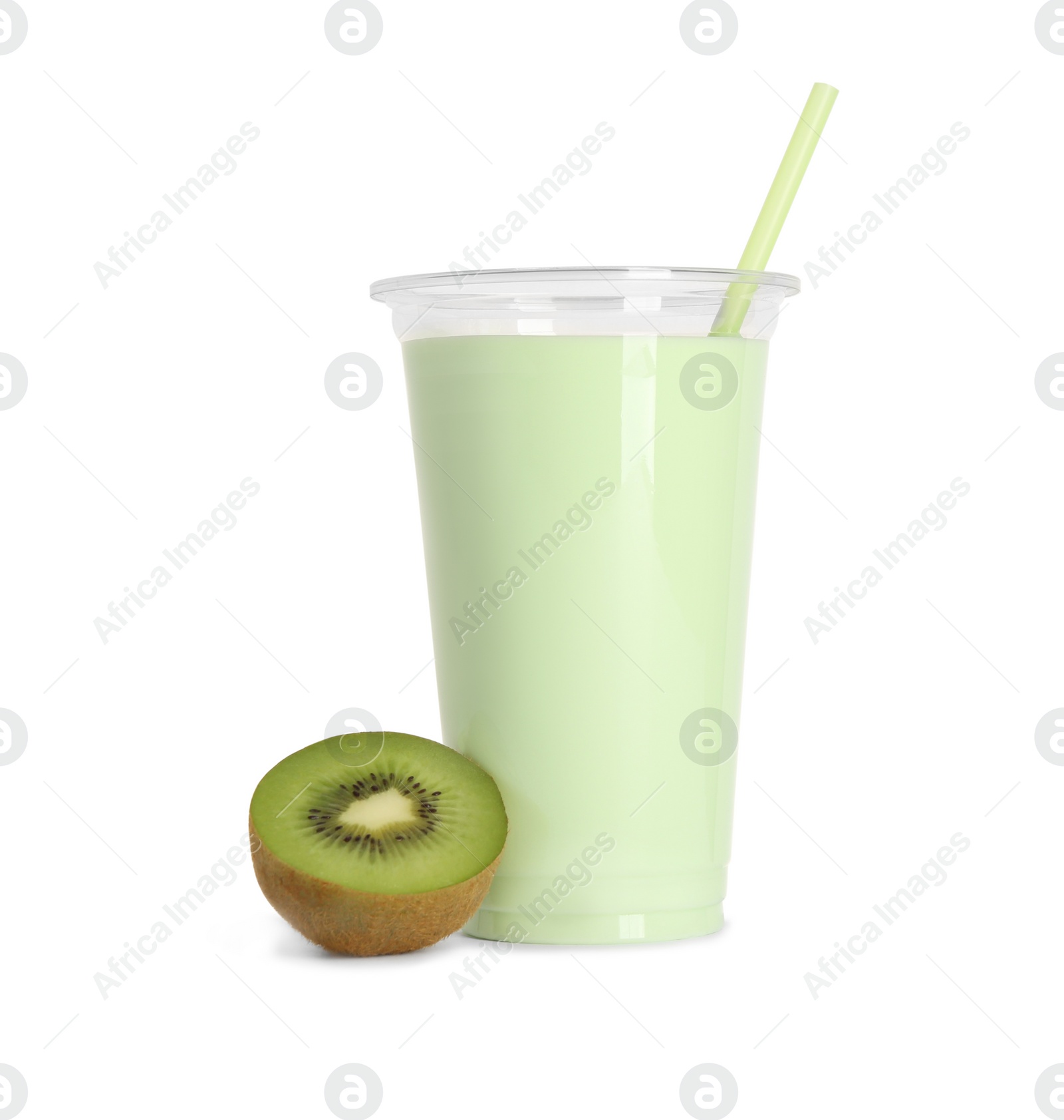 Photo of Delicious smoothie in plastic cup and fresh kiwi isolated on white