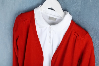 Photo of Shirt and jumper hanging on blue wall. School uniform