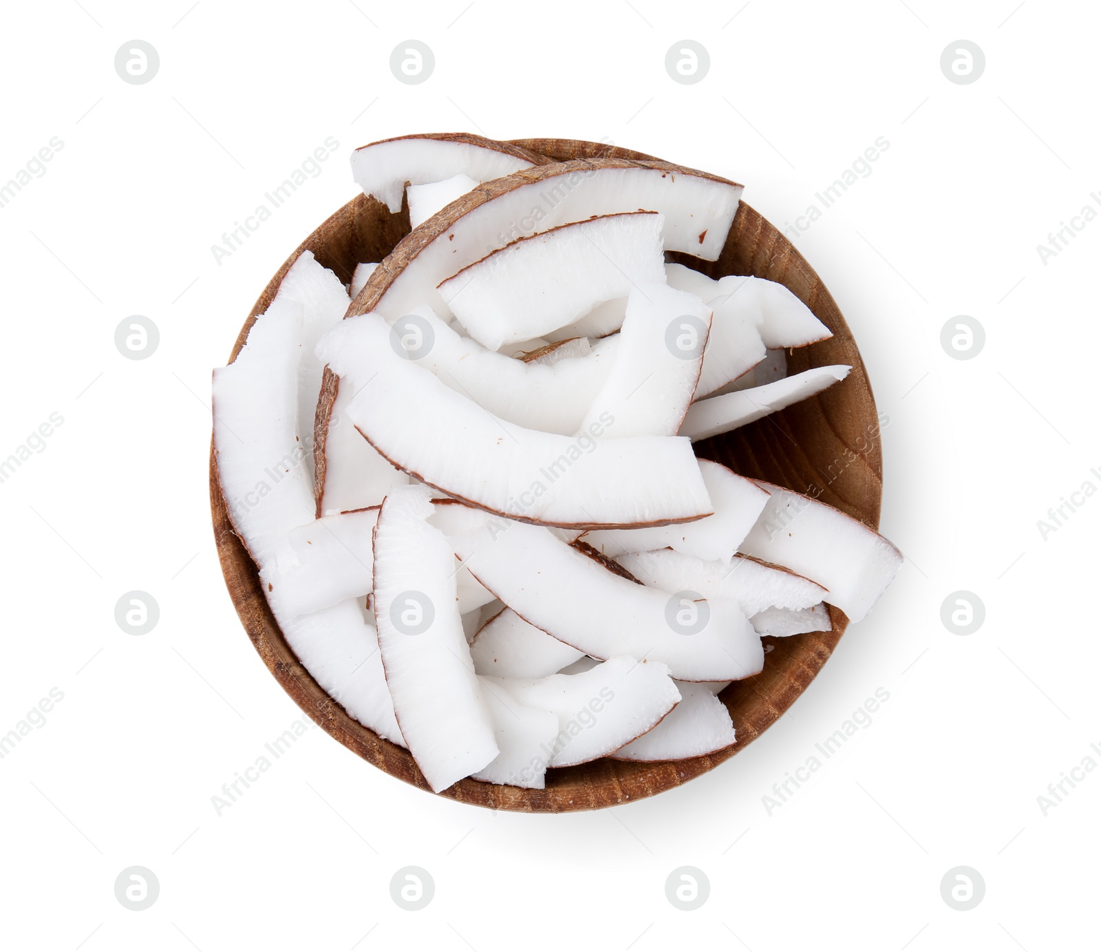 Photo of Fresh coconut pieces in bowl isolated on white, top view