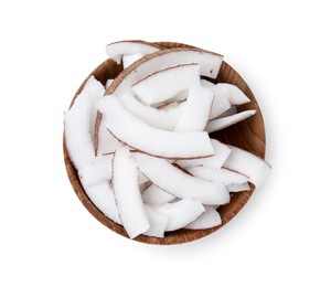 Fresh coconut pieces in bowl isolated on white, top view