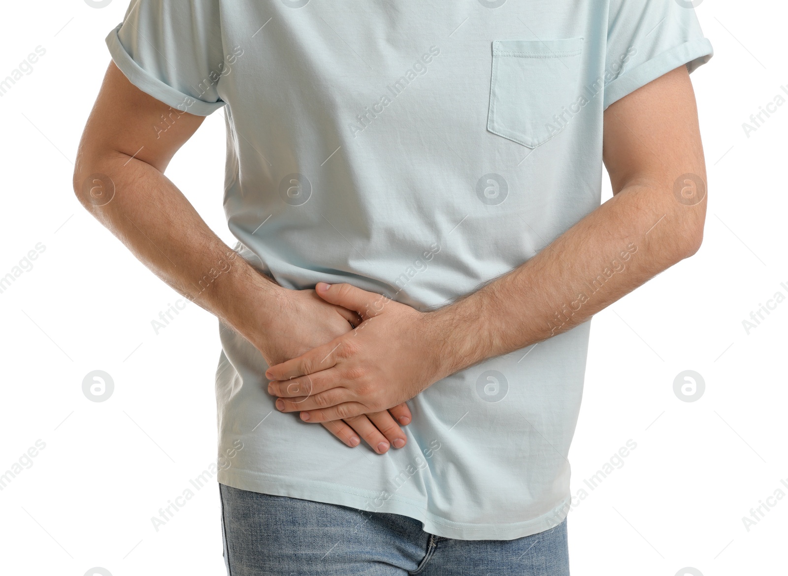 Photo of Man suffering from acute appendicitis on white background, closeup