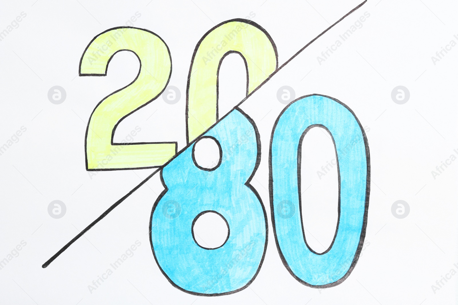 Photo of Color numbers 20 and 80 on white background. Pareto principle concept