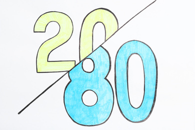 Photo of Color numbers 20 and 80 on white background. Pareto principle concept