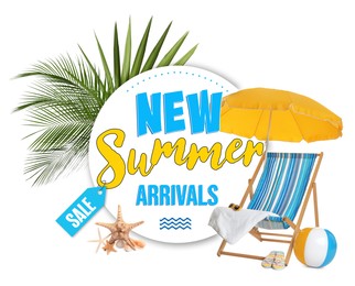 Image of New summer arrivals flyer design. Deck chair, tropical leaves, different beach accessories and text on white background