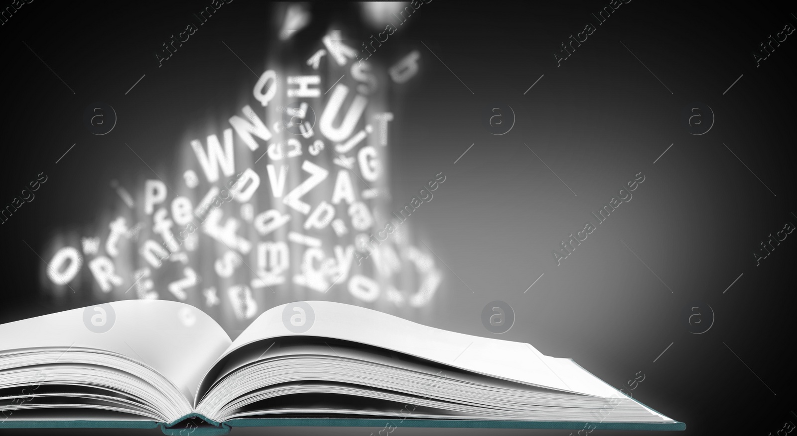 Image of Open book with flying letters on color background, banner design. Dyslexia concept