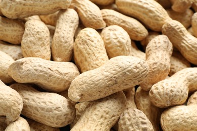 Photo of Many fresh unpeeled peanuts as background, closeup