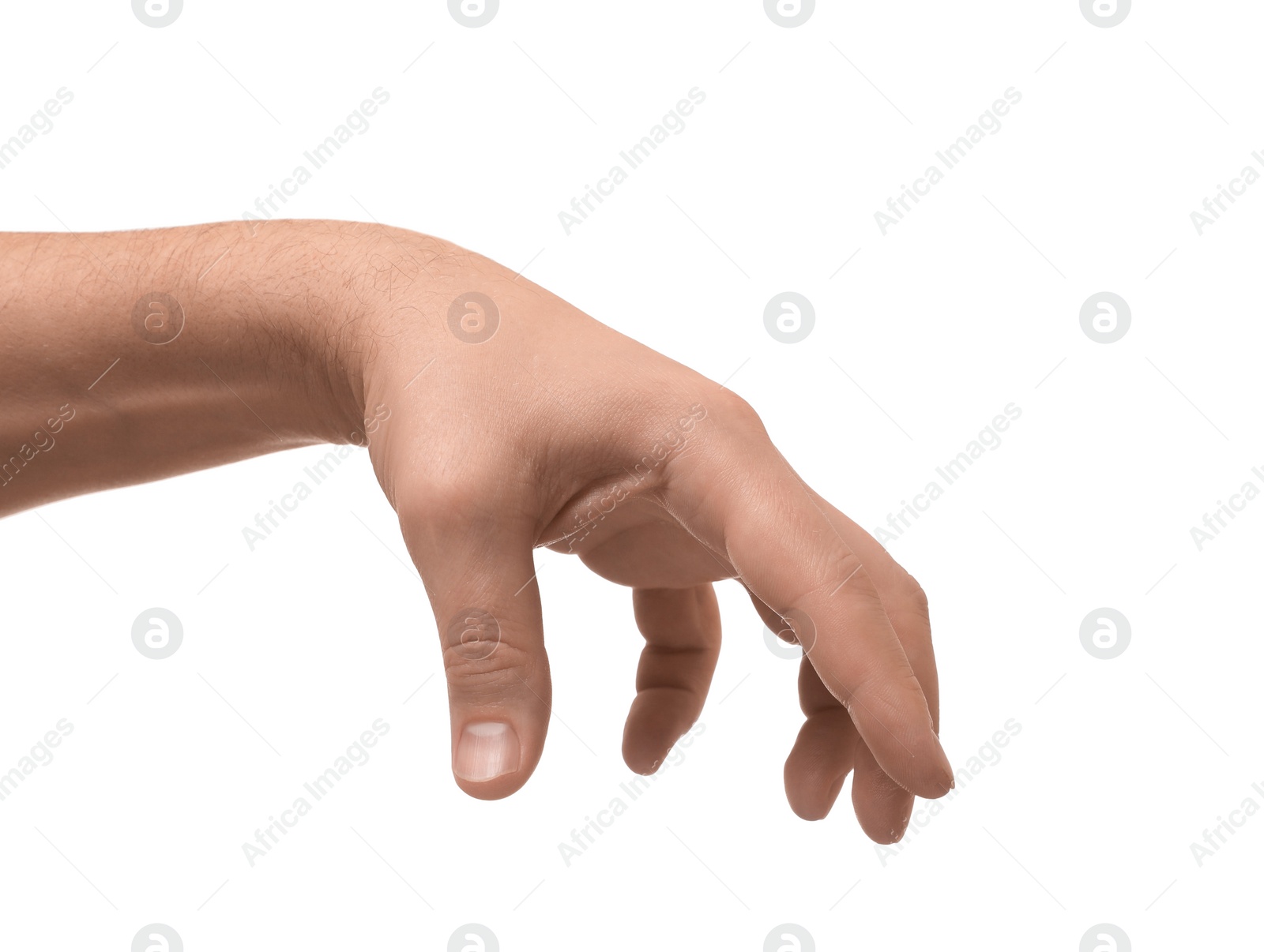 Photo of Man holding something in hand on white background, closeup
