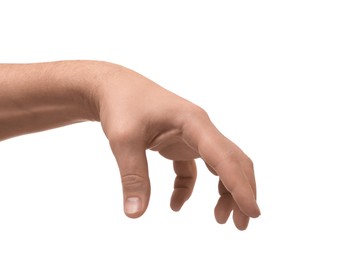 Man holding something in hand on white background, closeup