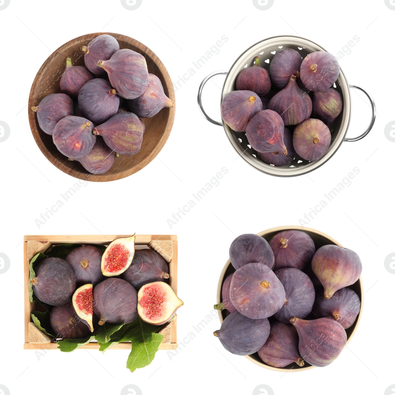 Image of Set of tasty figs on white background, top view