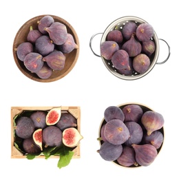 Image of Set of tasty figs on white background, top view