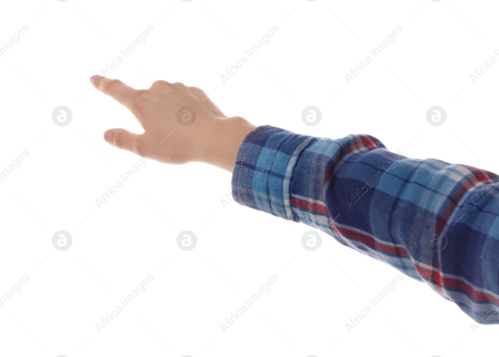 Photo of Woman pointing with index finger on white background, closeup. Responsibility concept