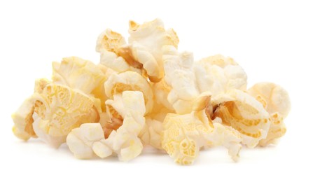 Photo of Fresh popcorn isolated on white. Tasty snack