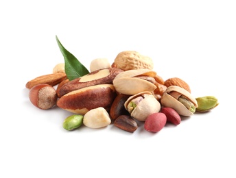 Photo of Pile of mixed organic nuts on white background