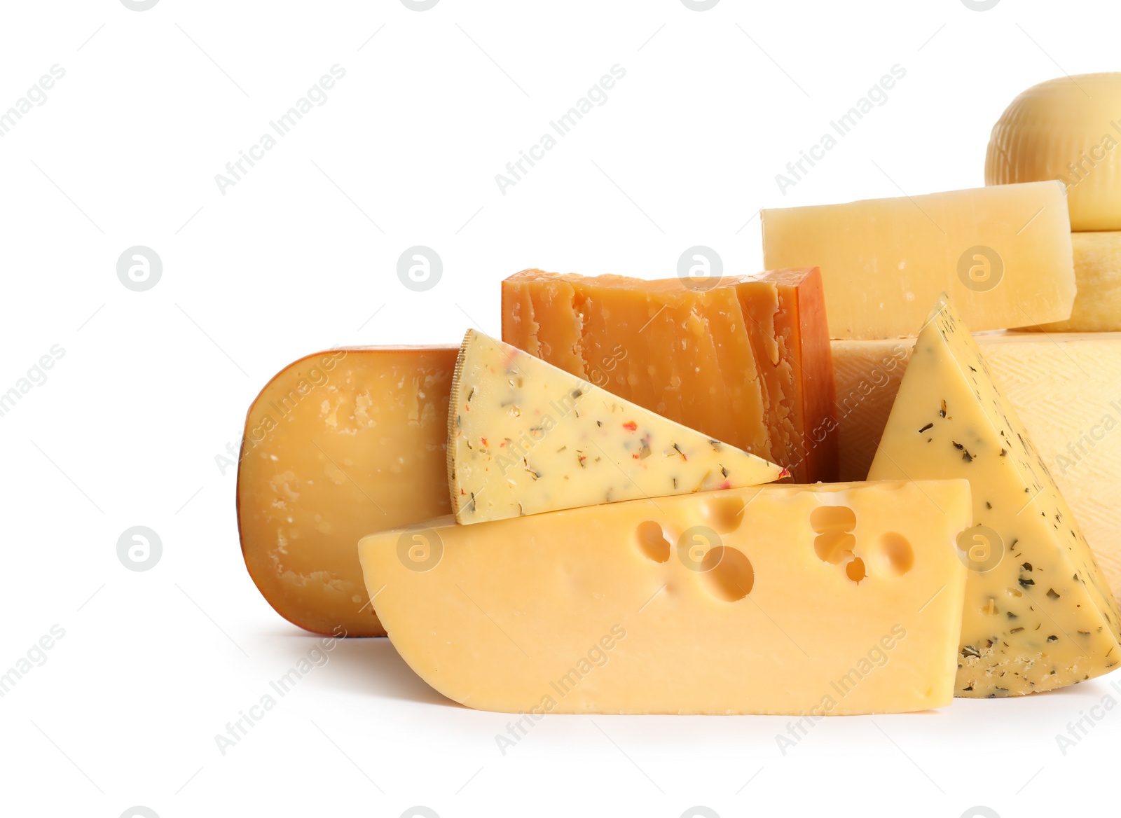 Photo of Different tasty kinds of cheese on white background