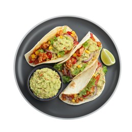 Photo of Delicious tacos with guacamole, meat, vegetables and slice of lime isolated on white, top view