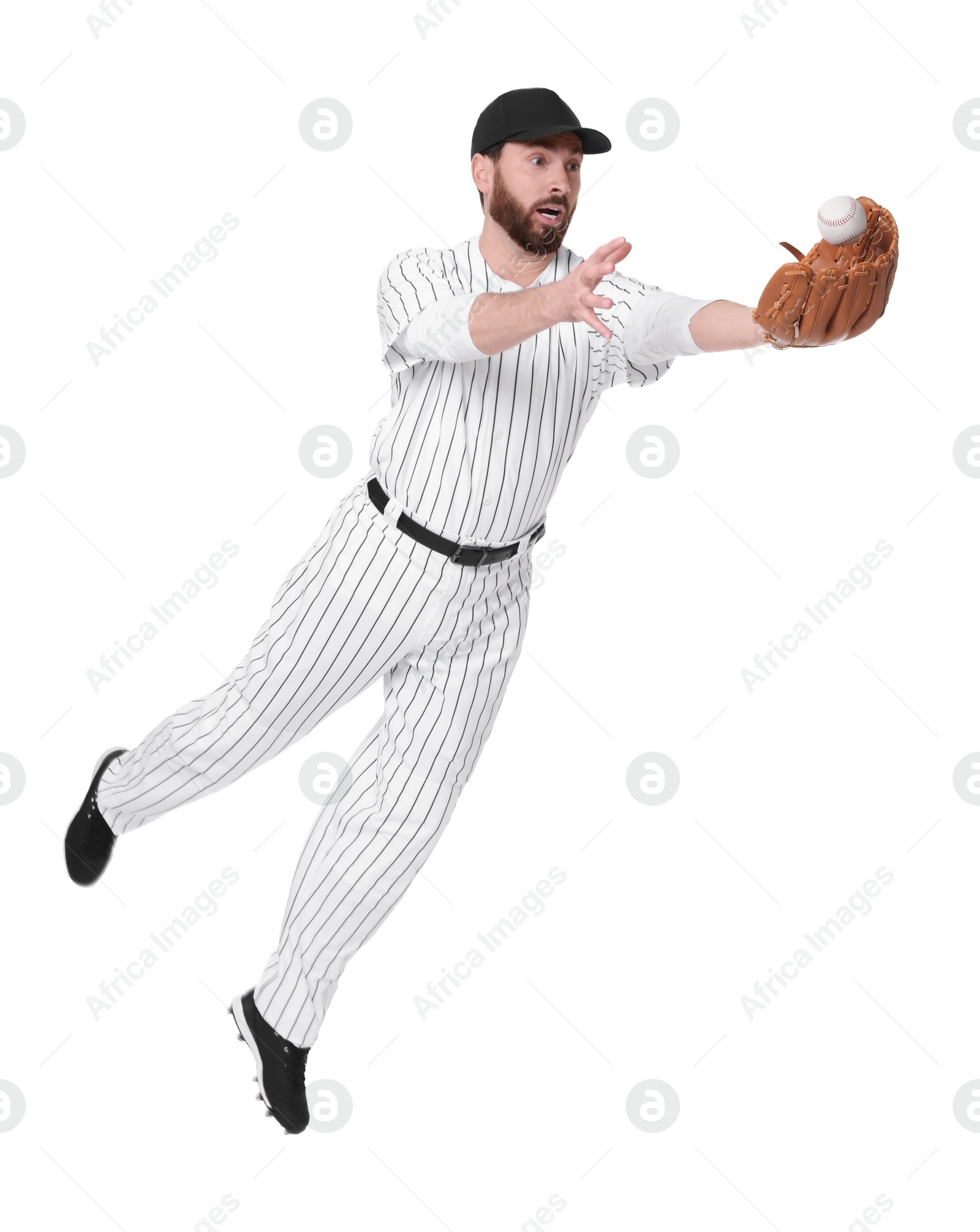 Photo of Baseball player catching ball on white background