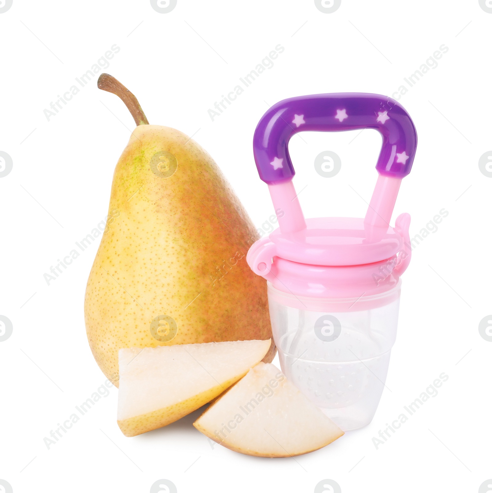 Photo of Empty nibbler and pears on white background. Baby feeder