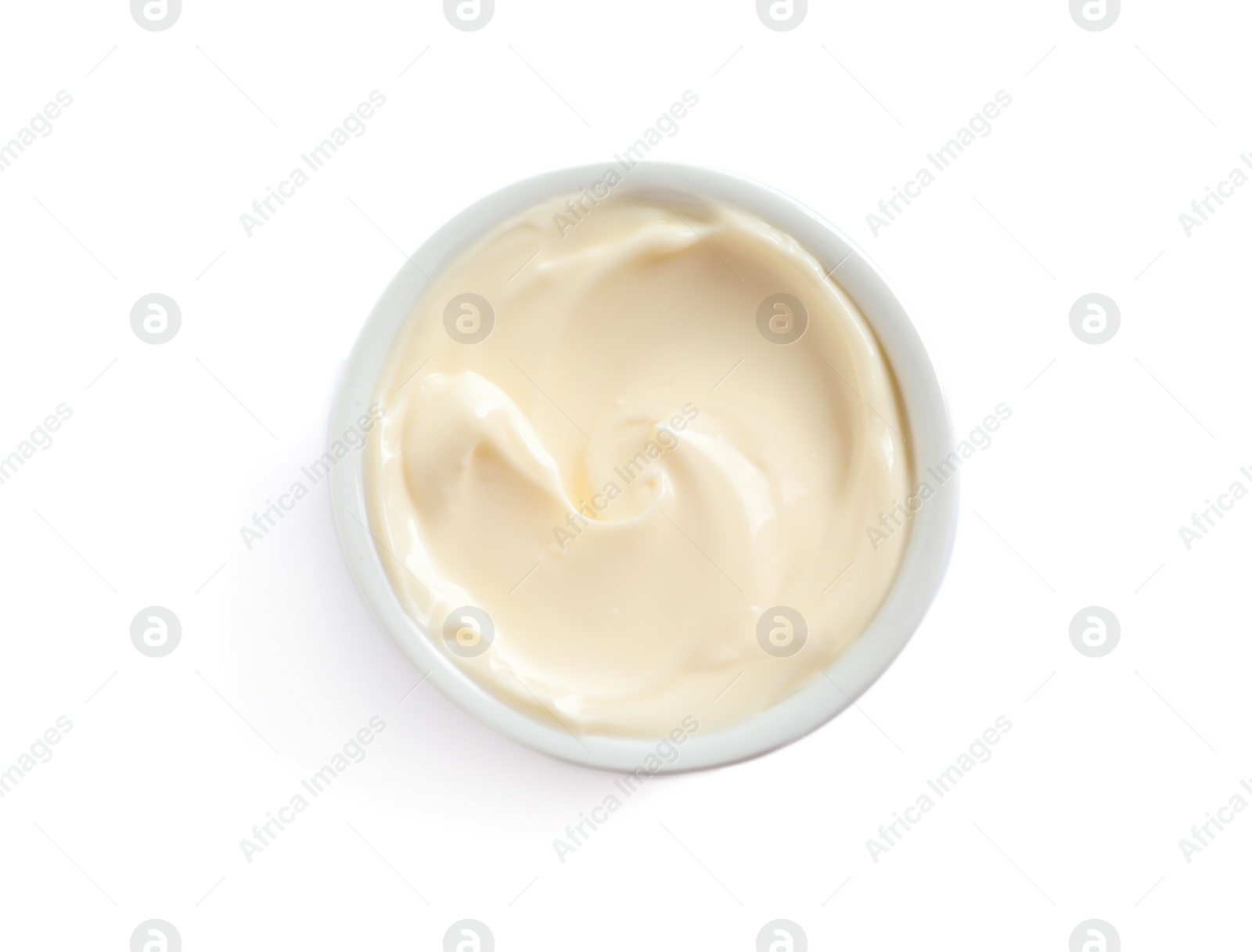 Photo of Delicious mayonnaise sauce in bowl on white background, top view