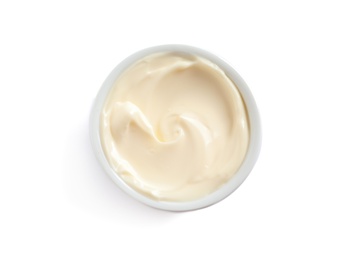 Photo of Delicious mayonnaise sauce in bowl on white background, top view
