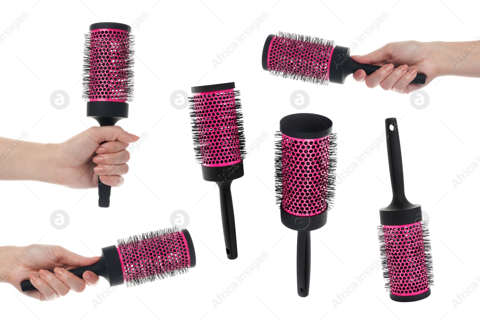 Image of Set with photos of people holding round hair brushes on white background, closeup 