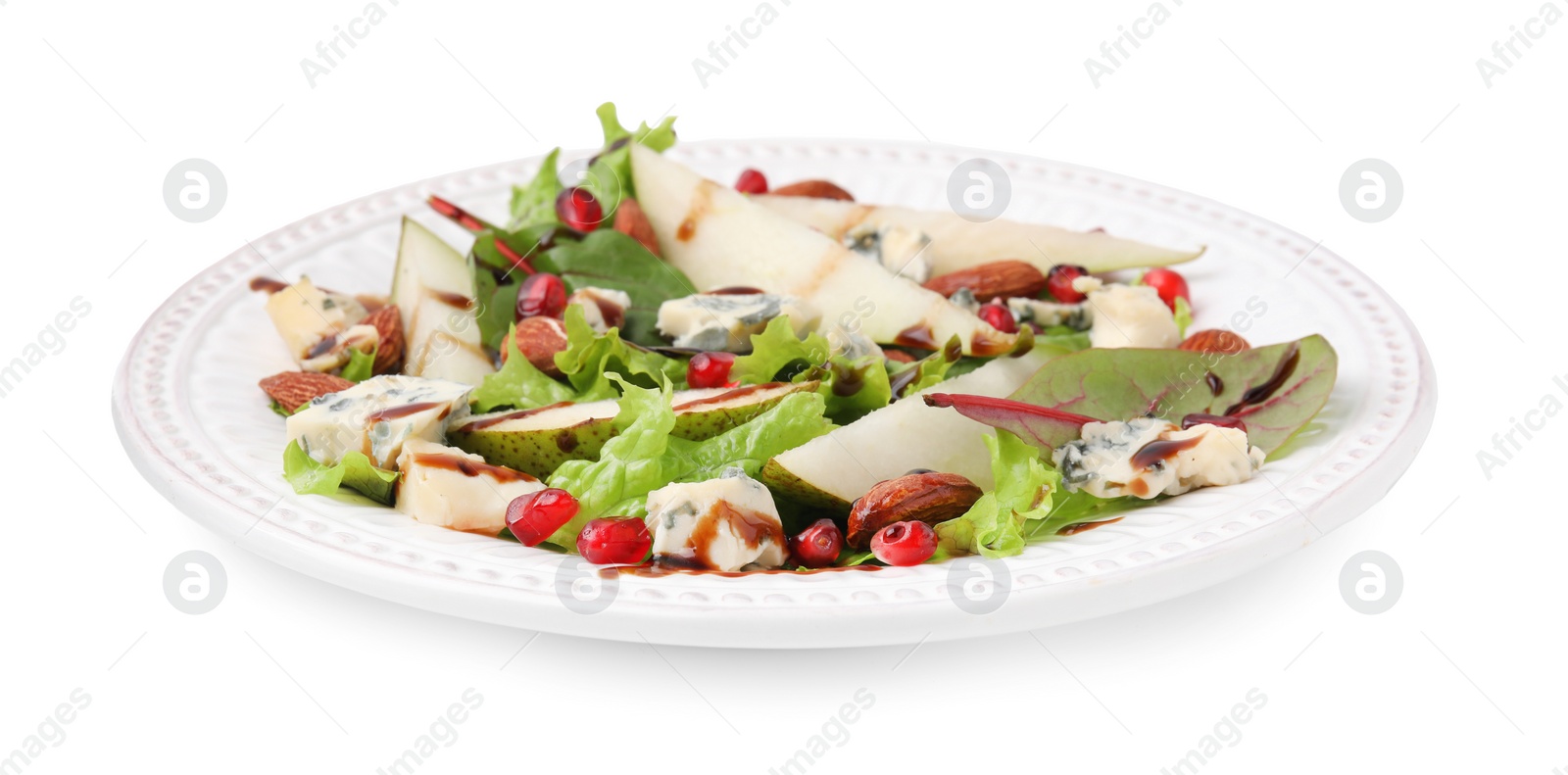 Photo of Delicious pear salad with sauce isolated on white