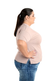 Photo of Portrait of overweight woman on white background