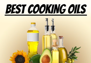 Image of Best for cooking. Different oils and ingredients on beige background