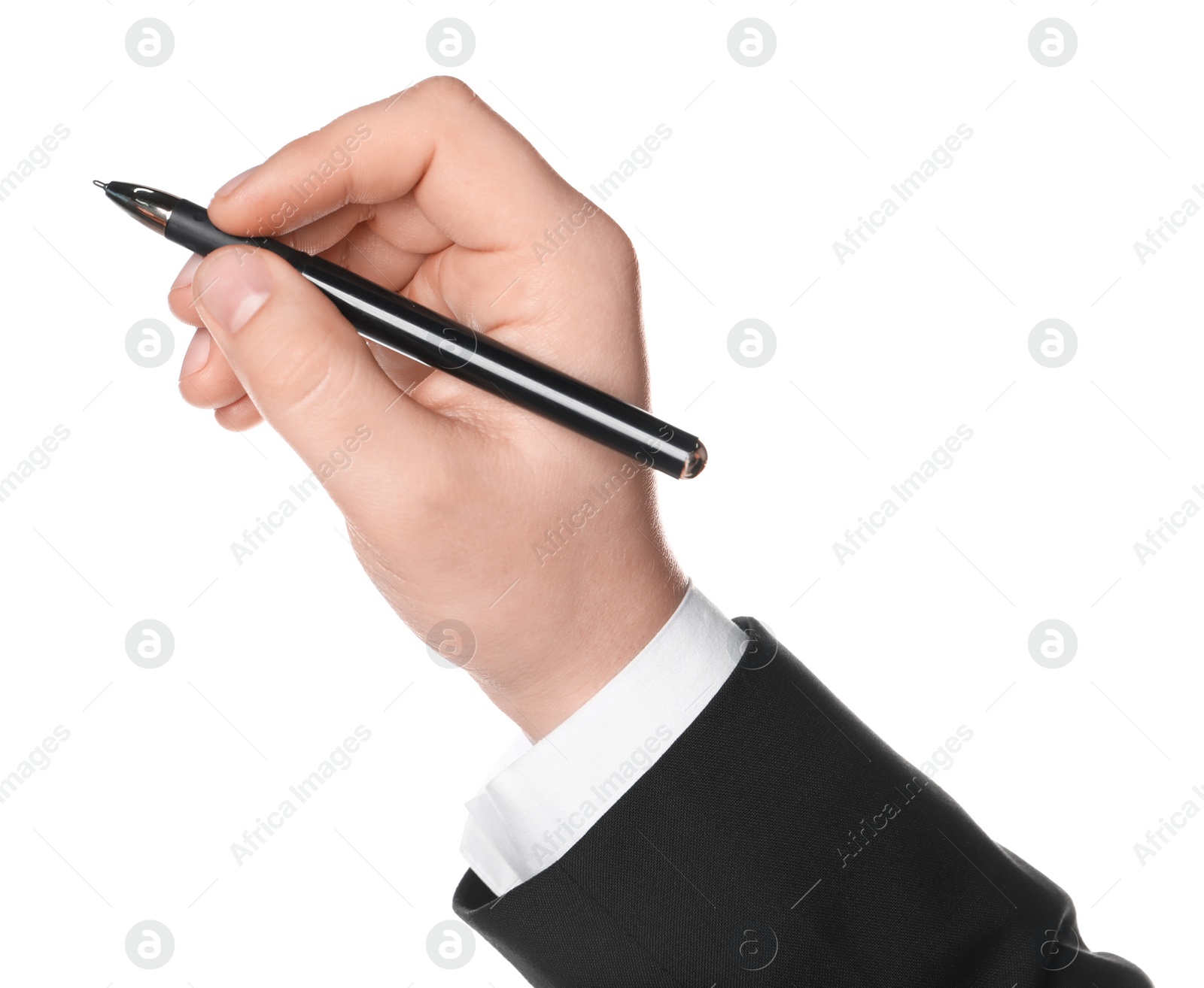 Photo of Man holding pen on white background, closeup of hand