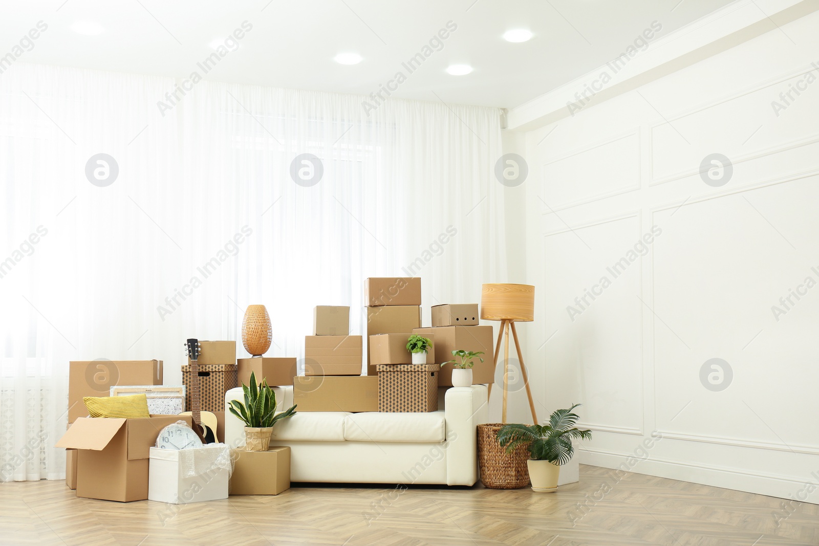 Photo of Cardboard boxes and household stuff indoors, space for text. Moving day