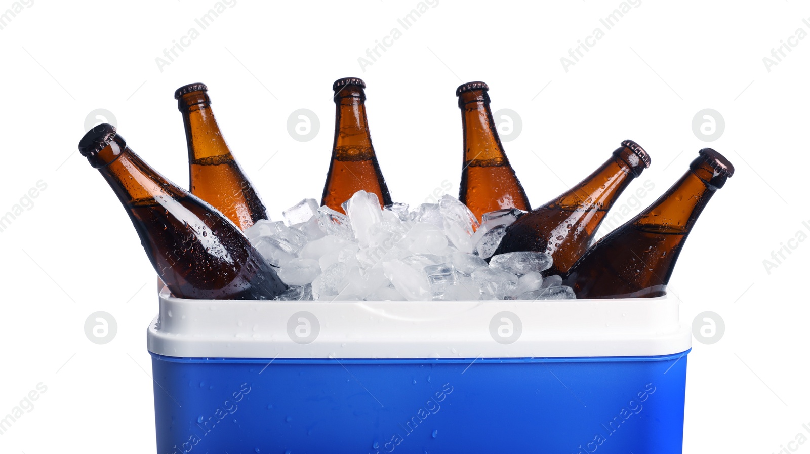 Photo of Blue plastic cool box with ice cubes and beer on white background