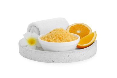 Photo of Sea salt, towel, plumeria flower and cut orange isolated on white