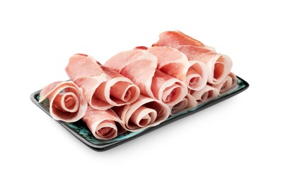 Photo of Plate with rolled slices of delicious jamon isolated on white