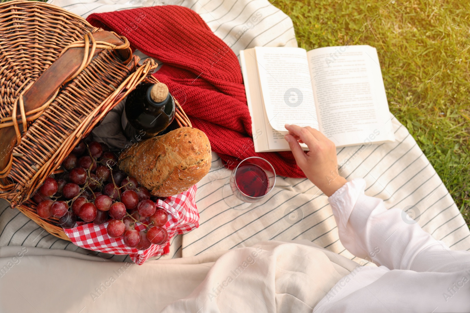 Photo of Woman with glass of wine, book and picnic basket on green grass, above view