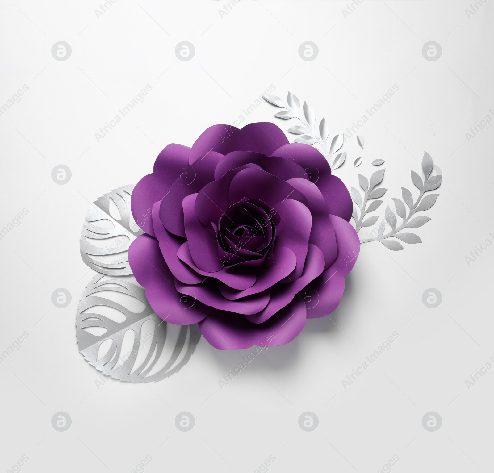 Photo of Beautiful purple flower and branches made of paper on white background, top view