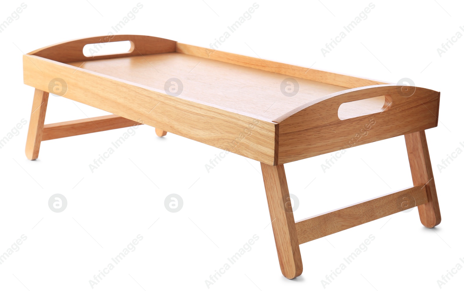 Photo of Empty wooden tray with legs isolated on white