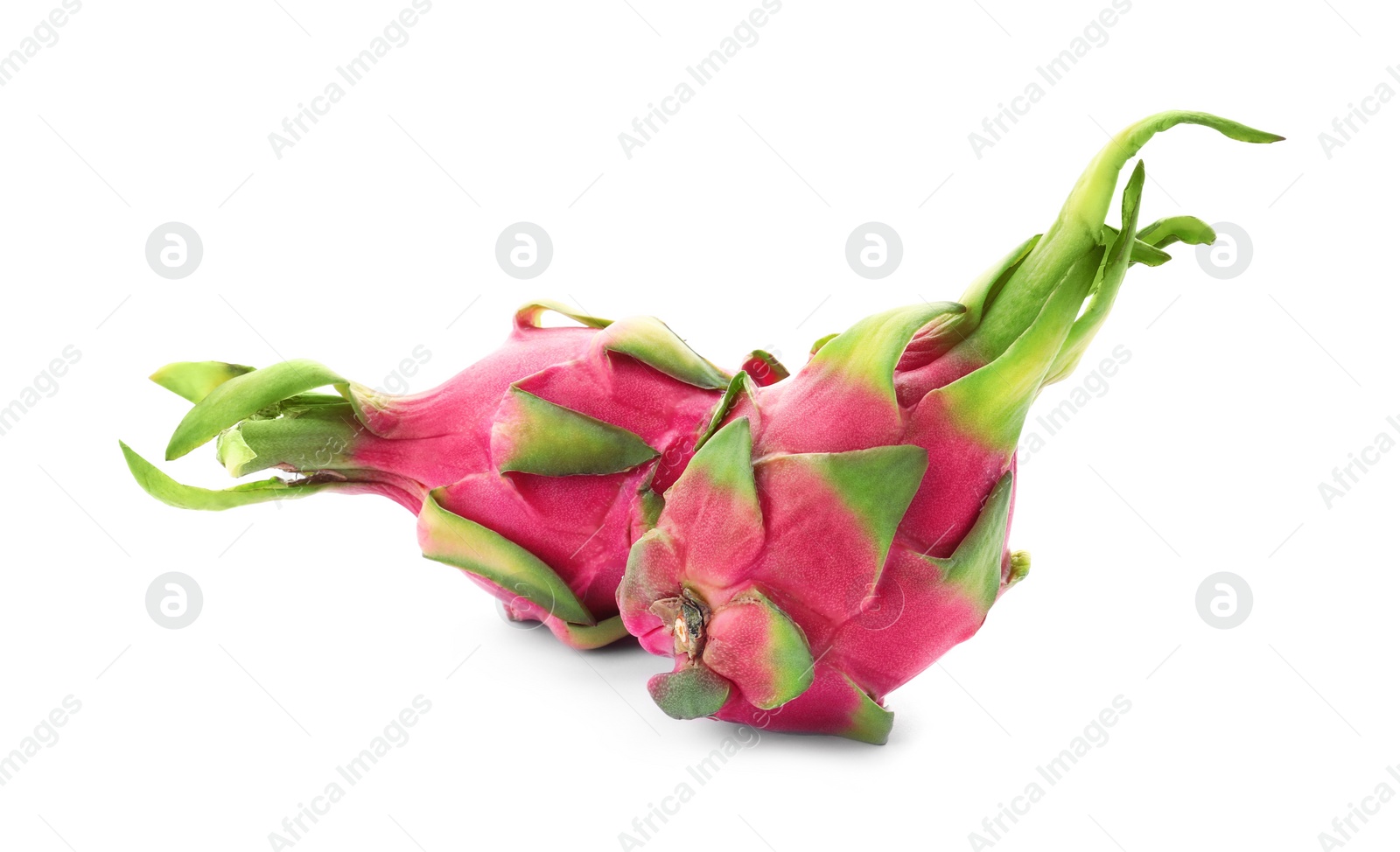 Photo of Delicious ripe dragon fruits (pitahaya) on white background