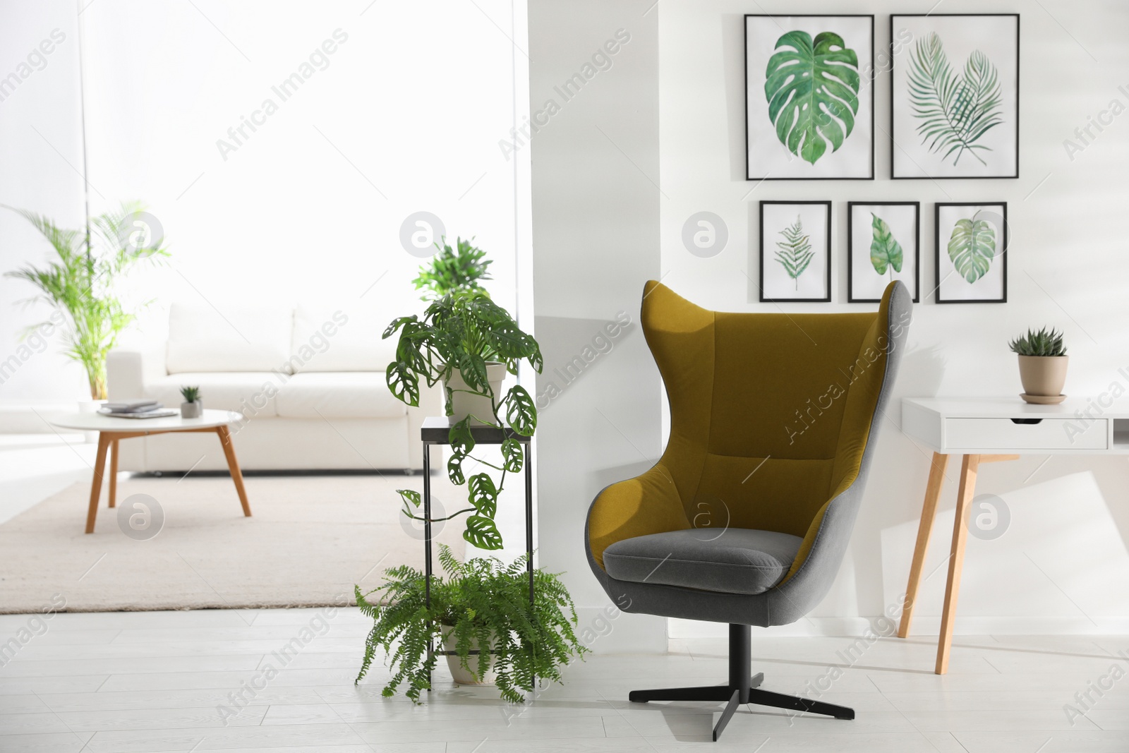 Photo of Stylish room interior with comfortable armchair and paintings of tropical leaves