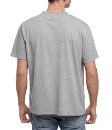 Photo of Young man wearing grey t-shirt on white background, back view