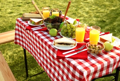 Photo of Picnic table with different snacks and drink in park