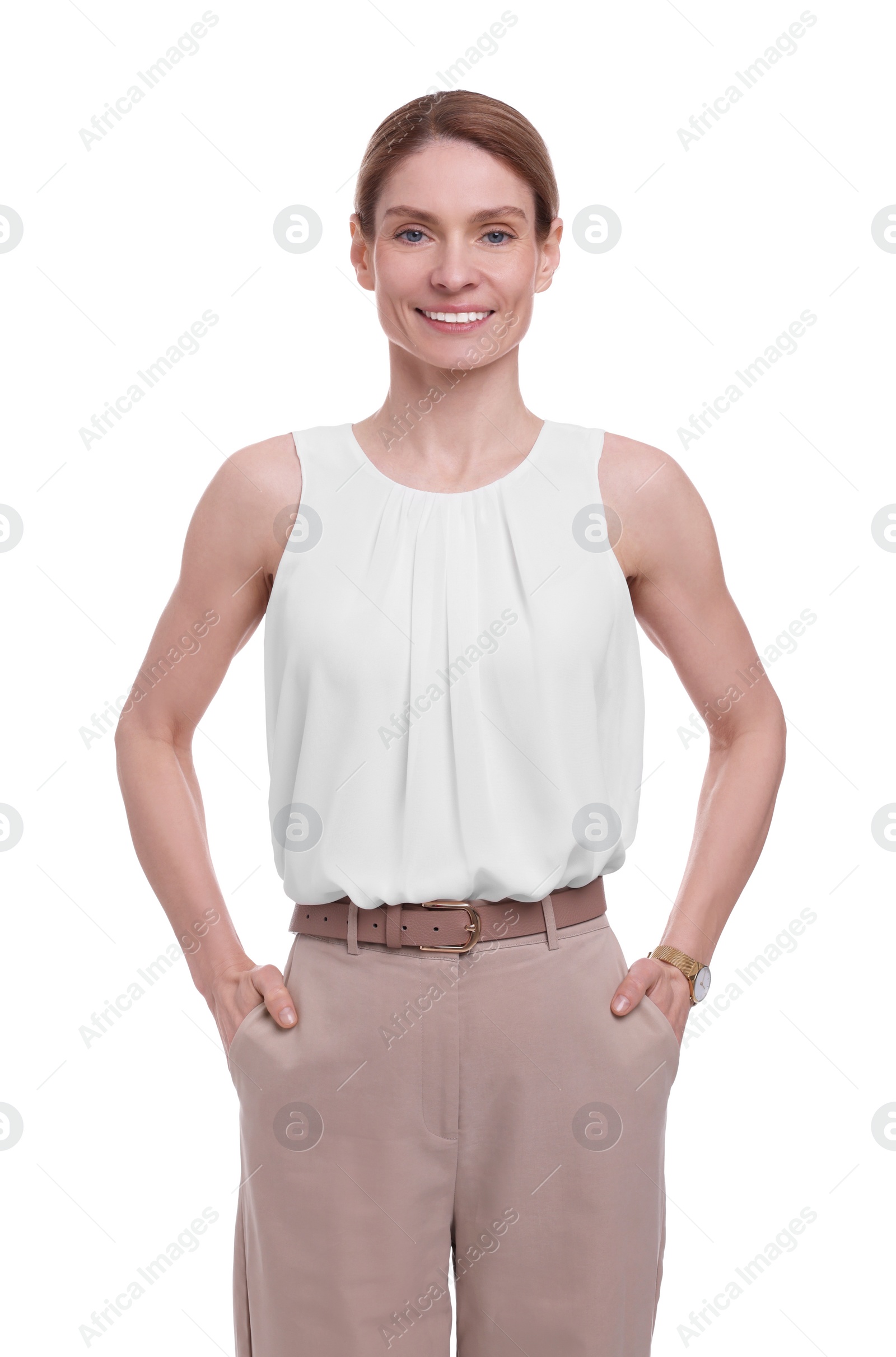 Photo of Beautiful happy businesswoman posing on white background