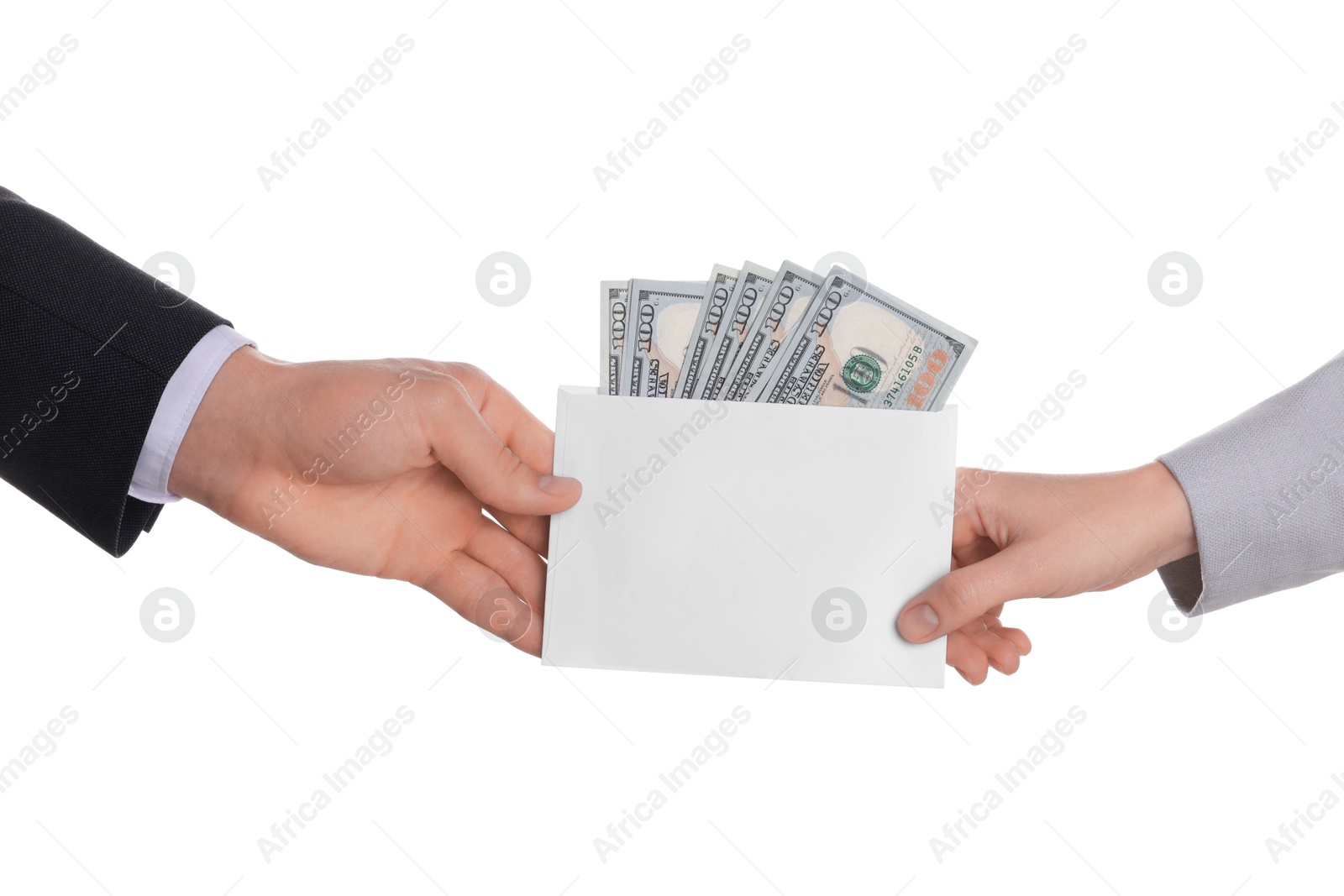 Photo of Money exchange. Man giving envelope with dollar banknotes to woman on white background, closeup