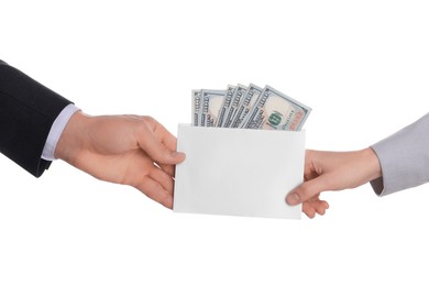 Photo of Money exchange. Man giving envelope with dollar banknotes to woman on white background, closeup