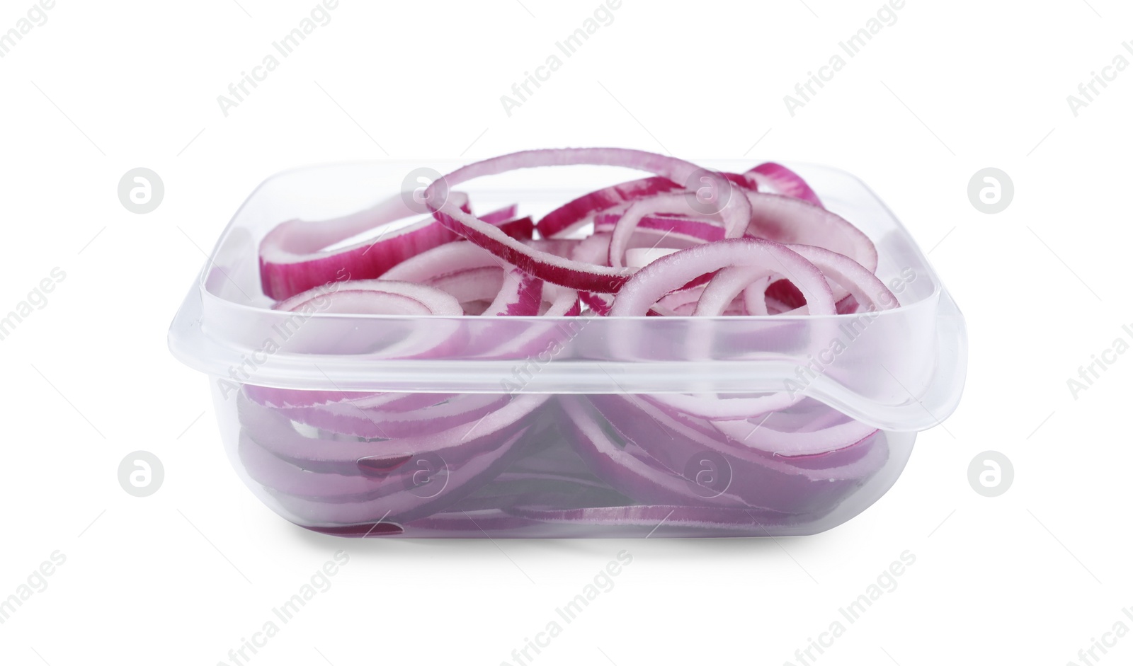 Photo of Fresh onion rings in plastic container isolated on white